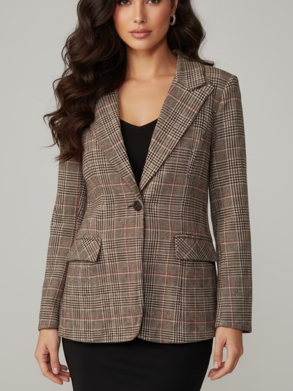 Boss Plaid Single-Button Blazer in Gray with Red Windowpane